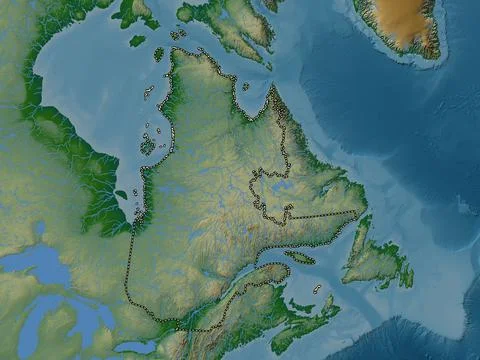 Quebec, Canada. Colored elevation map with lakes and rivers Stock Illustration