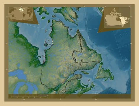 Quebec, Canada. Colored elevation map with lakes and rivers Stock Illustration