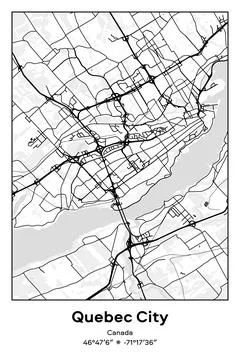 Quebec City, Canada - vector map of city in Black, white, gray, BW colors Stock Illustration