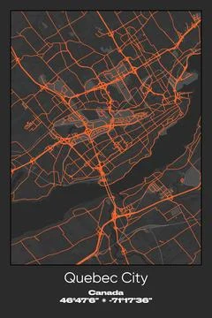 Quebec City, Canada - vector map of city in Gray, Black, Orange colors Stock Illustration