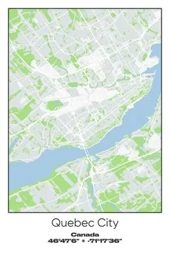Quebec City, Canada - vector map of city in Gray, white, green, blue colors Stock Illustration