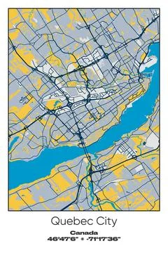 Quebec City, Canada - vector map of city in Blue, Gray, Yellow, Olive colors Stock Illustration