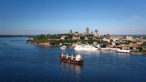 Quebec city with container ship and cruise ship aerial shot Stock-Footage 116178538