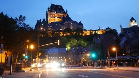Quebec city lower town with Chateau Frontenace in the back ground at night Stock Footage 92197802