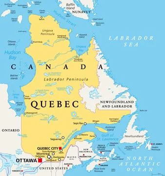 Quebec, largest province in the eastern part of Canada, political map Stock Illustration