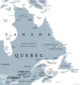 Quebec, largest province in eastern part of Canada, gray political map Illustrazione stock