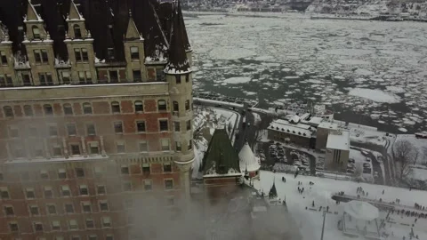 Québec- Old Town Rooftops and Chimneys Flyover Video stock 229990897
