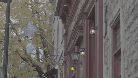 Quebec Provincial Flag Hanging during the Day in Montreal Video stock 146089361