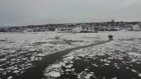 Québec- St. Lawrence River Ice Floes and Ferries Stock Footage 229561462