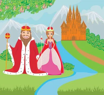 Queen and king are in front of the castle Stock Illustration