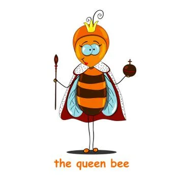The queen bee is holding a scepter and orb. Stands in the crown and royal rob Stock Illustration