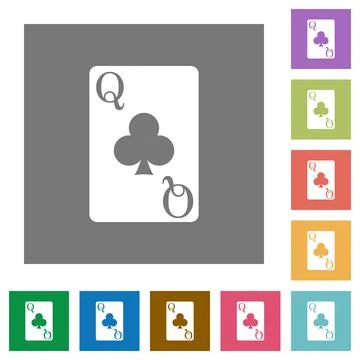 Queen of clubs card square flat icons Stock Illustration