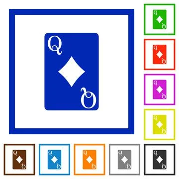 Queen of diamonds card flat framed icons 스톡 일러스트