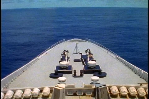 Queen Elizabeth 2, bow shot of QE2, POV with sea ahead wide shot Stock Footage
