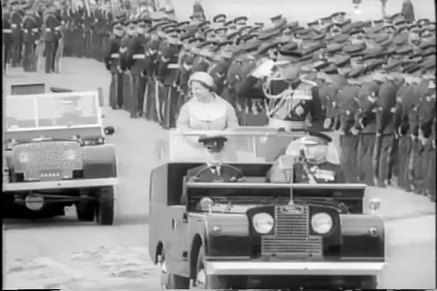 Queen Elizabeth reviews English Military 1958 Stock Footage 97307744