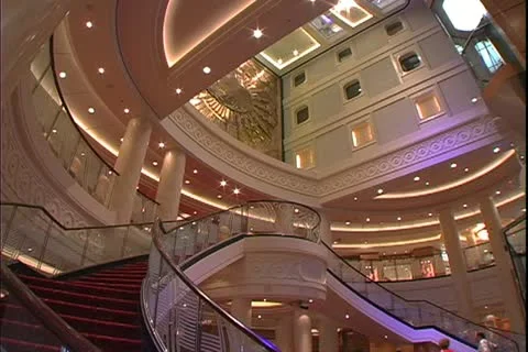 QUEEN MARY 2, 2004, Ocean liner, circular stairs, grand lounge, no people Stock Footage 20445712