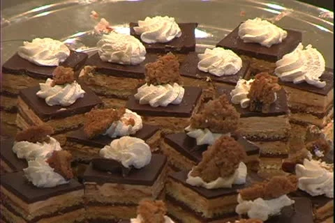 QUEEN MARY 2, 2004, Ocean liner, close up of desserts in dining room on the QM2 Stock Footage 20447932