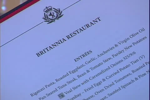 QUEEN MARY 2, 2004, Ocean liner, Britannia Restaurant, lunchtime, menu close up Video stock 20448124