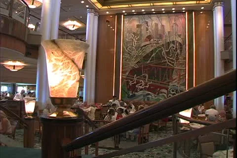 QUEEN MARY 2, 2004, Ocean liner, Britannia Restaurant entrance, art deco torcher Stock Footage 20449038