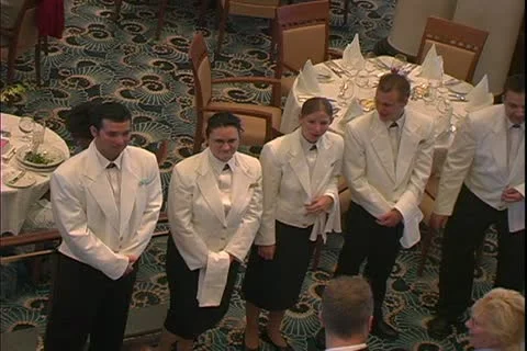 QUEEN MARY 2, 2004, Ocean liner, Britannia Restaurant, lunch staff and maitre 'd Stock Footage 20452506