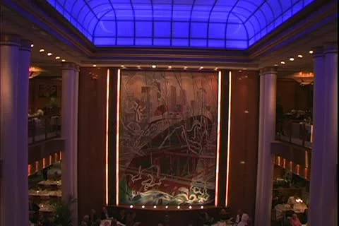 QUEEN MARY 2, 2004, Ocean liner, Britannia Restaurant at night, blue ceiling Stock Footage 20455781