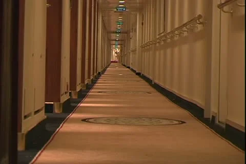 QUEEN MARY 2, 2004, Ocean liner, 4 o'clock in the morning, empty hallways Stock Footage 20456078