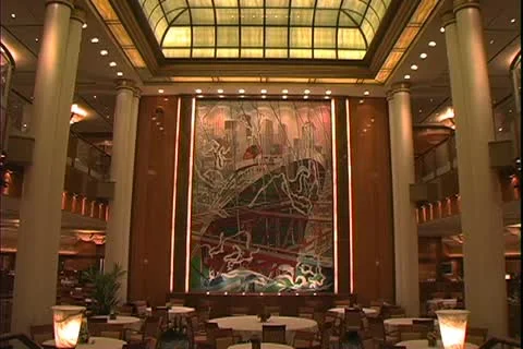 QUEEN MARY 2, 2004, Ocean liner, 4 o'clock in the morning, empty dining room Stock Footage 20456460