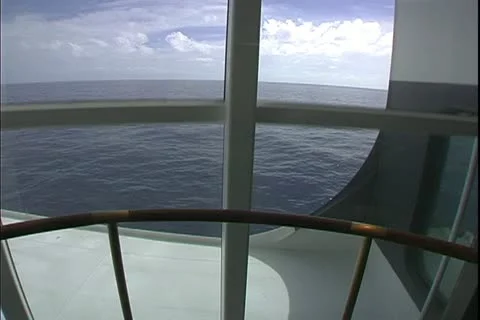 QUEEN MARY 2, 2004, Ocean liner, glass elevator to suites, looking out to sea Stock Footage 20457428