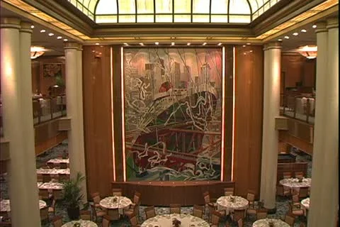 QUEEN MARY 2, 2004, Ocean liner, 4 o'clock in the morning, empty dining room Stock Footage 20458506