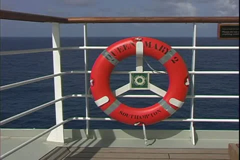 QUEEN MARY 2, 2004, Ocean liner at sea, ring buoy life preserver close up Video stock 20462691