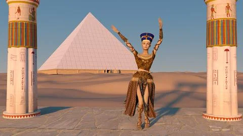 Queen Nefertiti dancing in front of the great pyramid of Giza and a view of t Stock Illustration
