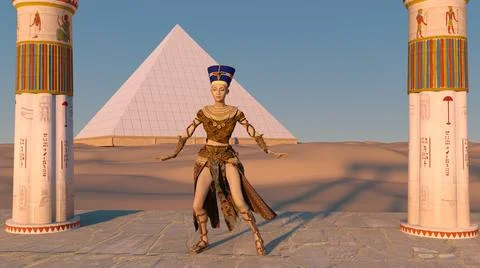 Queen Nefertiti dancing in front of the great pyramid of Giza and a view of t Stock Illustration