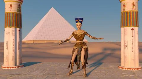 Queen Nefertiti dancing in front of the great pyramid of Giza and a view of t Stock Illustration