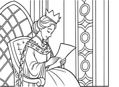 Queen sitting on throne reading letter in royal palace hall. Stock Illustration