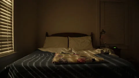 Queen Sized Bed in Dark Bedroom at Night, Interior, Wide Static Shot Stock Footage 139303230