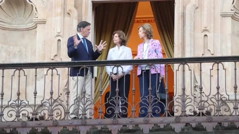 Queen Sofia and Queen of Sweden walk through the historic center of Salamanca, S Stock Footage 204150695