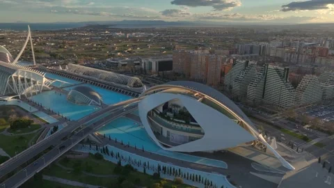 Queen Sofia Palace of Arts, Aerial Hyperlapse around Ciudad de las Artes y las Stock Footage 302263208