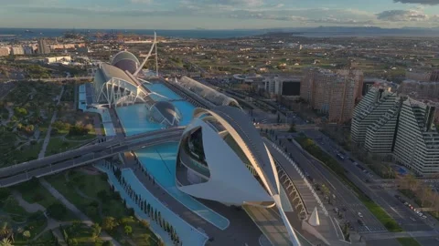 Queen Sofia Palace of Arts, Aerial Hyperlapse around Ciudad de las Artes y las Stock Footage 302264206