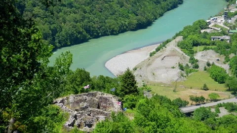 Queen tamar castle ruins overlooking mountain river in georgia Stock Footage 342350282