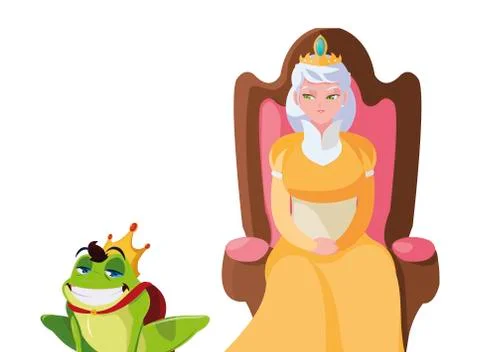 Queen on throne with toad prince characters Stock Illustration
