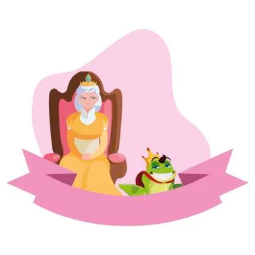 Queen on throne with toad prince characters Stock Illustration