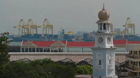 Queen Victoria Memorial Clock Tower and Penang Port Stock Footage 48140084
