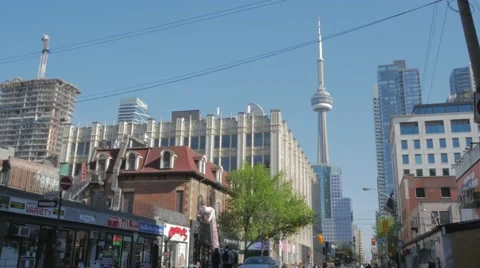Queen West Toronto Intersection CN Tower Wide1 스톡 동영상 50424333