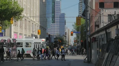 Queen West Toronto Intersection Medium Street Car Slow Motion 96fps Video stock 50543747