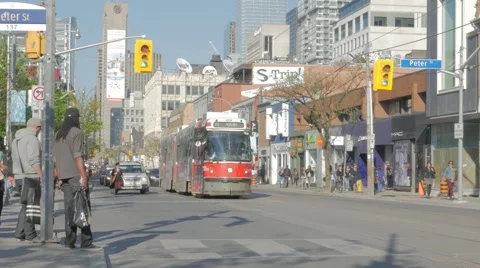 Queen West Toronto Peter St Intersection CN Tower Street Car Medium Pa 스톡 동영상 50436561