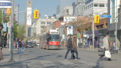 Queen West Toronto Peter St Intersection CN Tower Street Car Medium Video stock 50541734