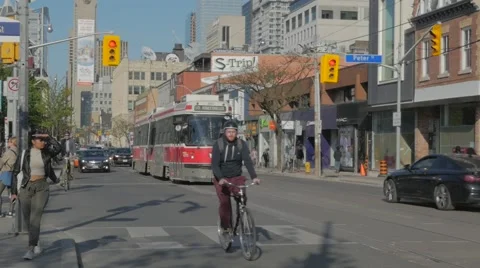Queen West Toronto Peter St Intersection CN Tower Street Car Slow Moti Video stock 50543958