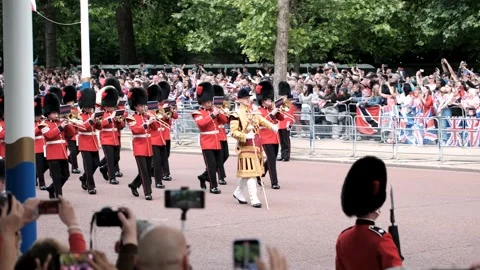 The Queen's Birthday Parade, Marching Coldstream Guards Band on The Mall Stock Footage 196827171