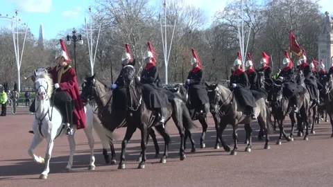 Queen's Guard On Horseback Marching at Changing of the Guard in London Stock Footage 154016758