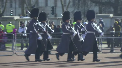 The Queen's Guard Marching at Changing of the Guard in London Stock Footage 154015073
